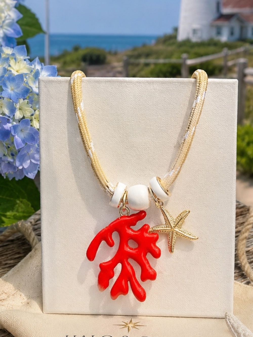 Coastal Inspired Necklace with Red Corral and Gold Starfish